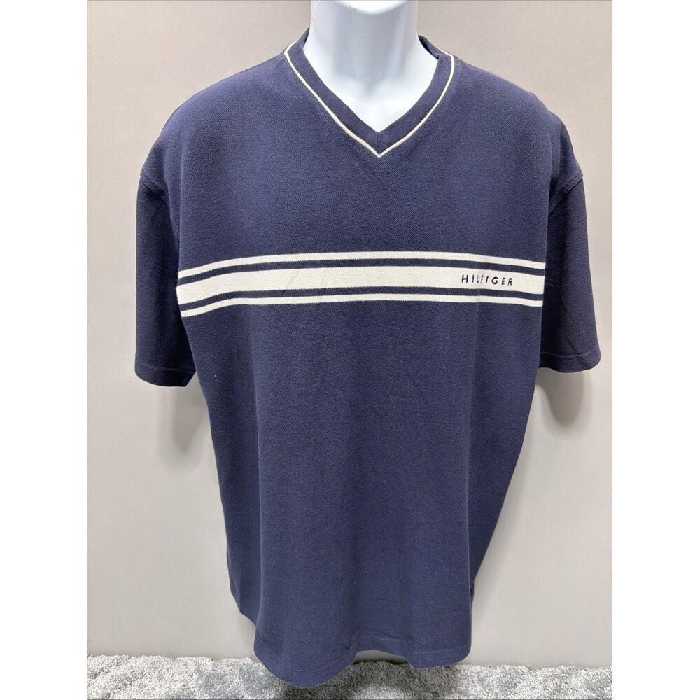 Mens Tommy Hilfiger Blue Short Sleeve Shirt Size XXL V Neck Vinatge Year 2000